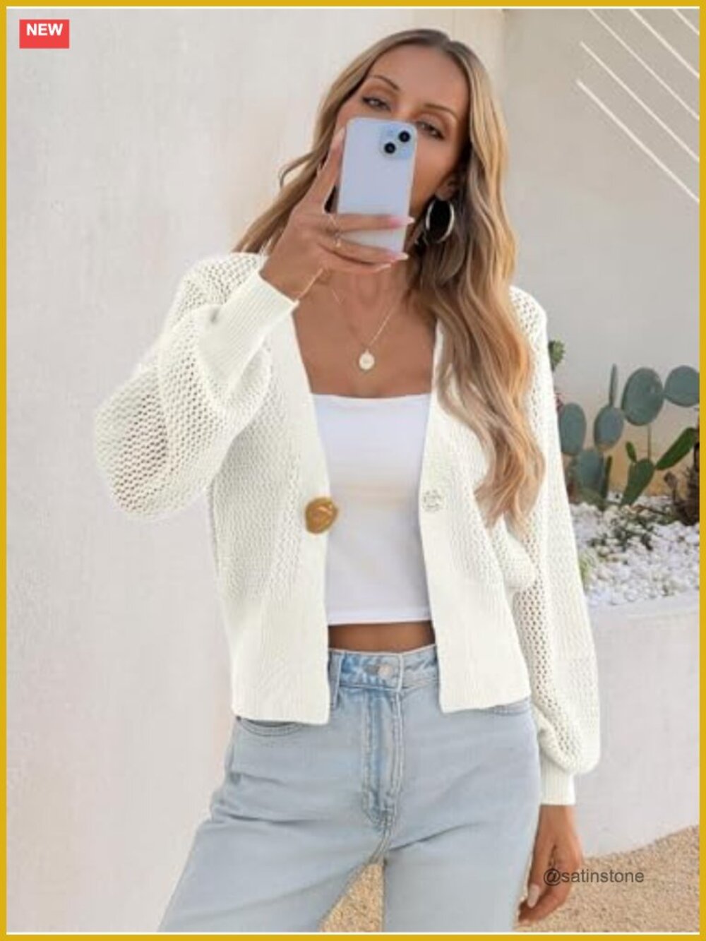 Crochet Cropped Cardigan Hollow Out Button Down Lantern Sleeve Knit Sweater - Picture 3 of 6